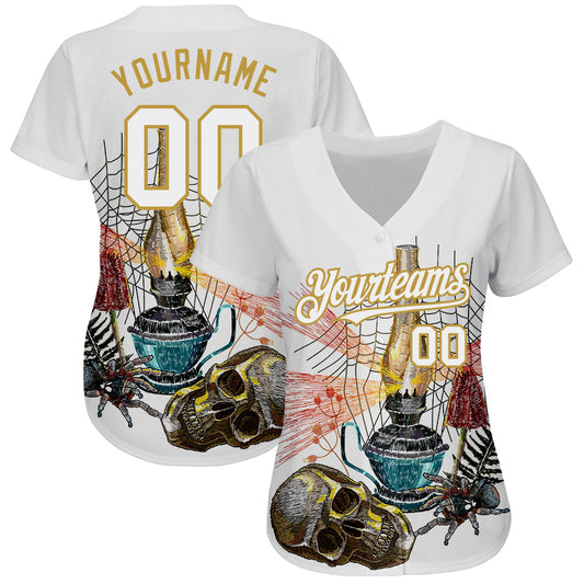Custom White Old Gold 3D Spider And Skull Fashion Authentic Baseball Jersey - Sky-Custom
