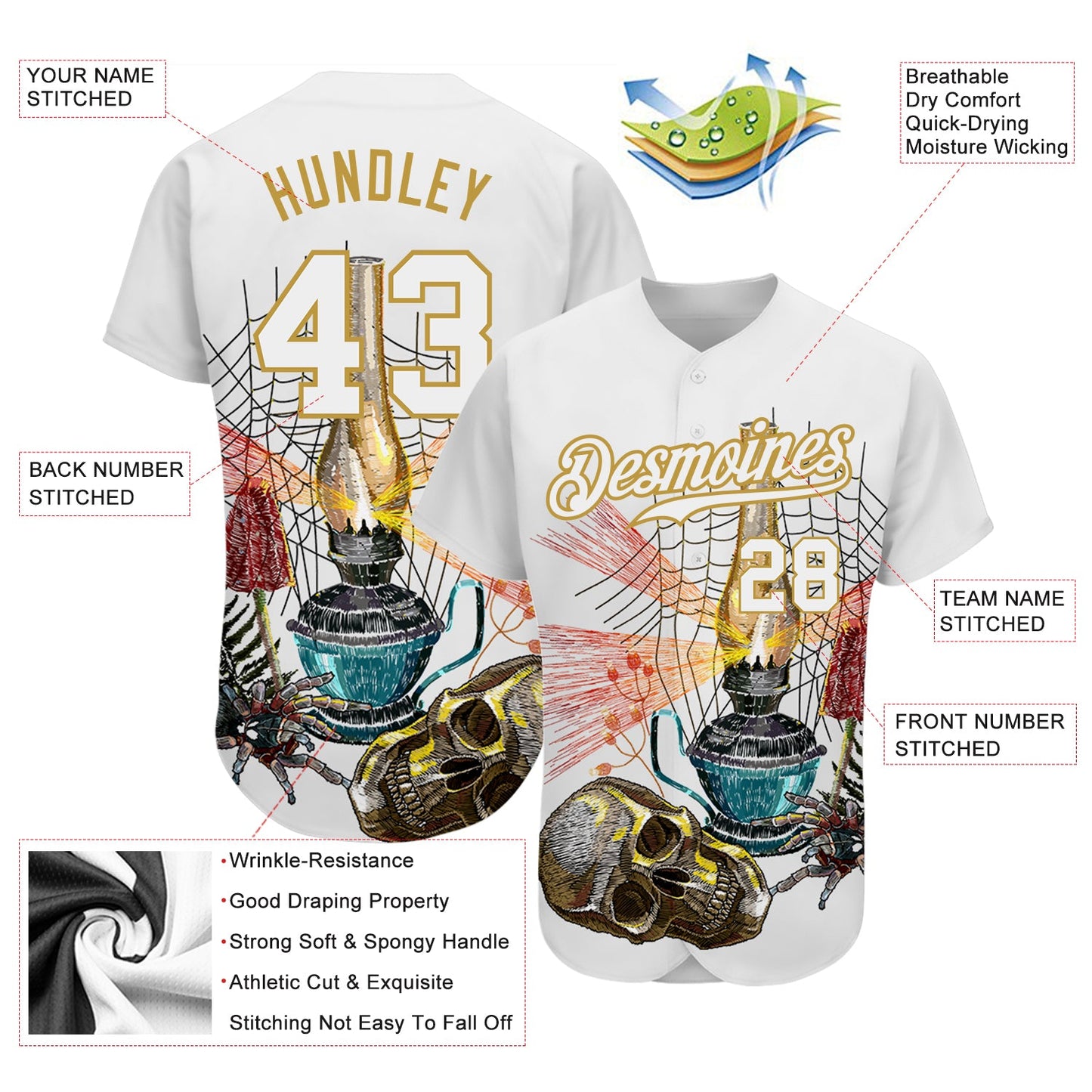 Custom White Old Gold 3D Spider And Skull Fashion Authentic Baseball Jersey - Sky-Custom