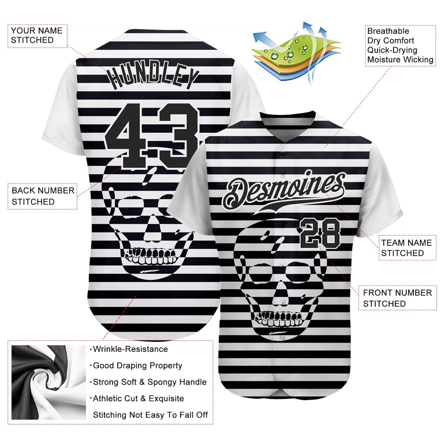 Custom White Black 3D Skull Fashion Authentic Baseball Jersey - Sky-Custom