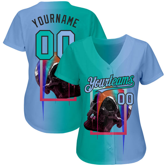 Custom Light Blue Aqua-Black 3D Skull Gradient Fashion Authentic Baseball Jersey - Sky-Custom