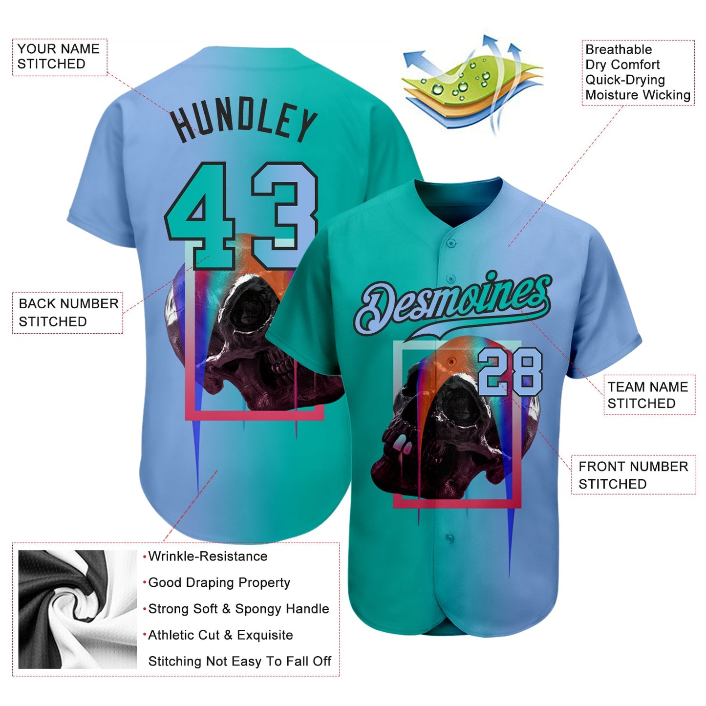 Custom Light Blue Aqua-Black 3D Skull Gradient Fashion Authentic Baseball Jersey - Sky-Custom