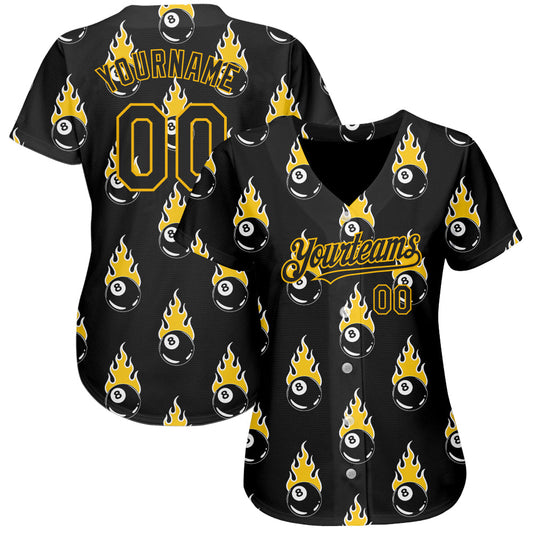 Custom Black Gold 3D Pattern Design Flaming Billiards Snooker 8 Ball Authentic Baseball Jersey - Sky-Custom