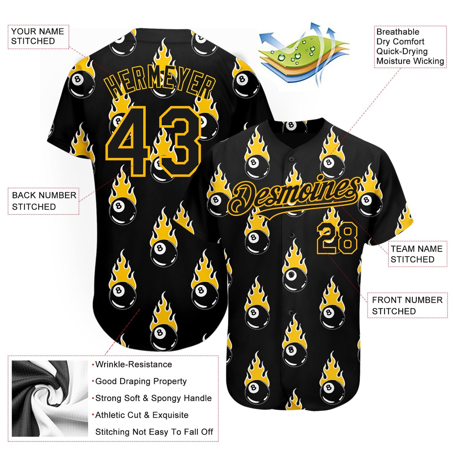 Custom Black Gold 3D Pattern Design Flaming Billiards Snooker 8 Ball Authentic Baseball Jersey - Sky-Custom