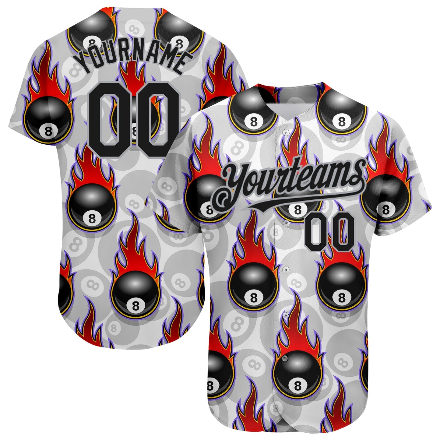 Custom White Black-Gray 3D Pattern Design Flaming Billiards Snooker 8 Ball Authentic Baseball Jersey - Sky-Custom