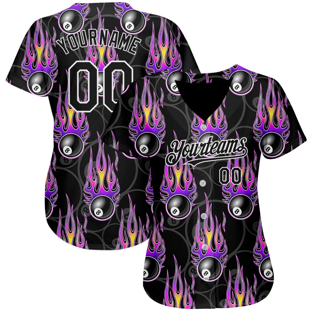 Custom Black White 3D Pattern Design Flaming Billiards Snooker 8 Ball Authentic Baseball Jersey - Sky-Custom