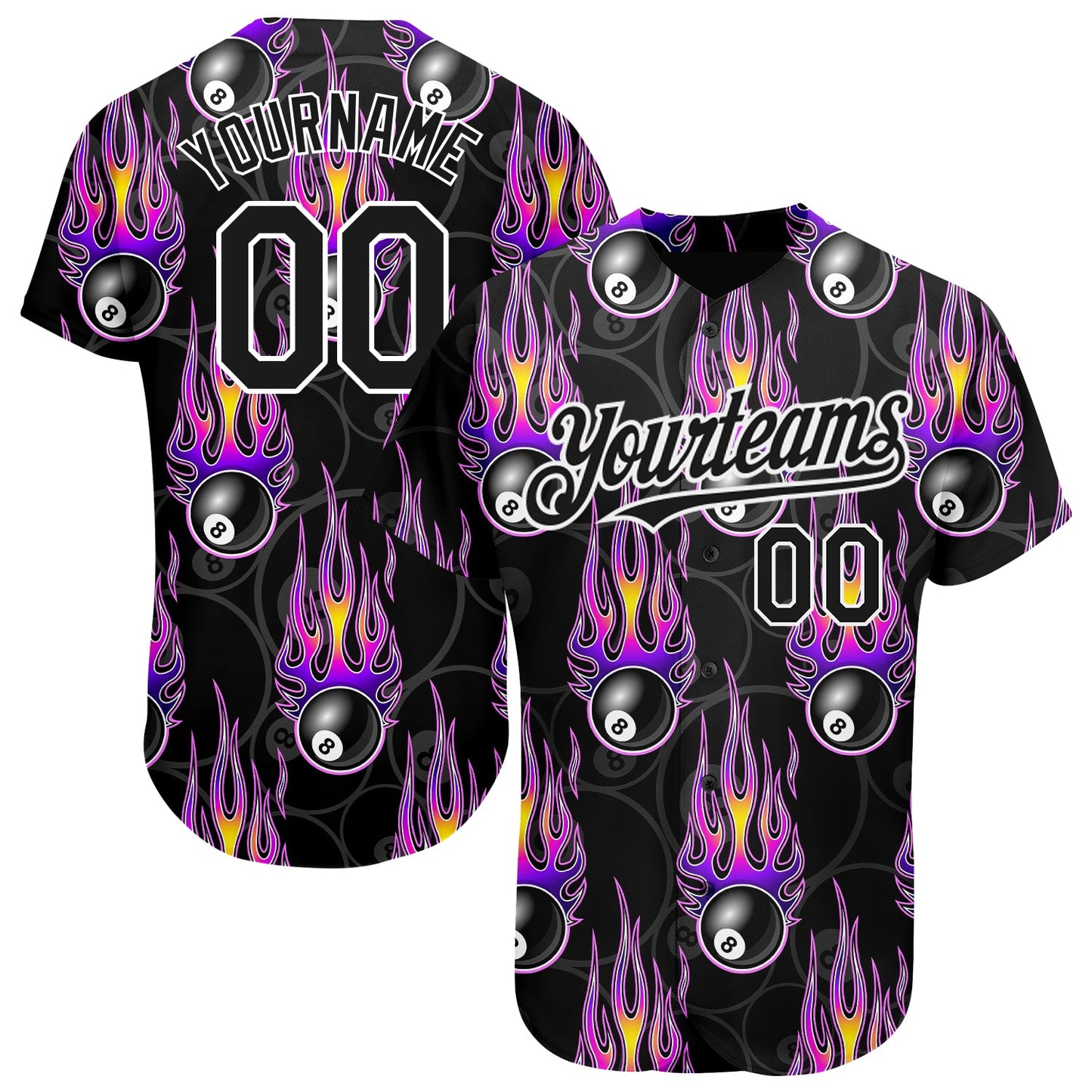 Custom Black White 3D Pattern Design Flaming Billiards Snooker 8 Ball Authentic Baseball Jersey - Sky-Custom