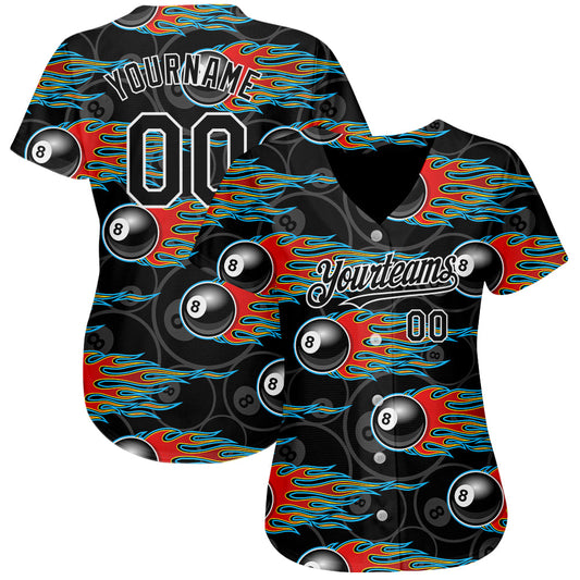 Custom Black White 3D Pattern Design Flaming Billiards Snooker 8 Ball Authentic Baseball Jersey - Sky-Custom