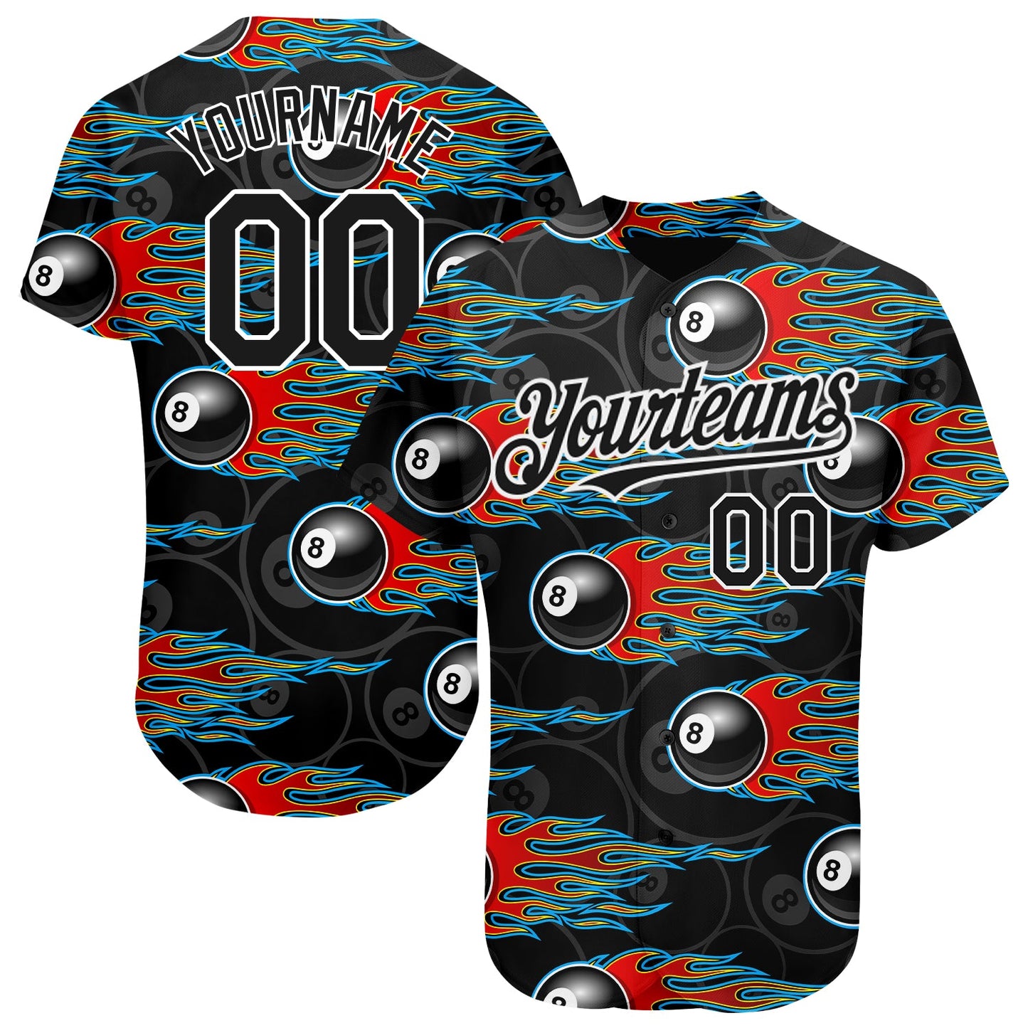 Custom Black White 3D Pattern Design Flaming Billiards Snooker 8 Ball Authentic Baseball Jersey - Sky-Custom