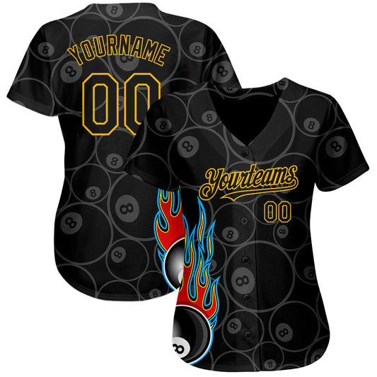 Custom Black Gold 3D Pattern Design Flaming Billiards Snooker 8 Ball Authentic Baseball Jersey - Sky-Custom