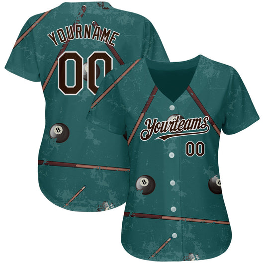 Custom Midnight Green Brown-White 3D Pattern Design Billiards Snooker 8 Ball Authentic Baseball Jersey - Sky-Custom