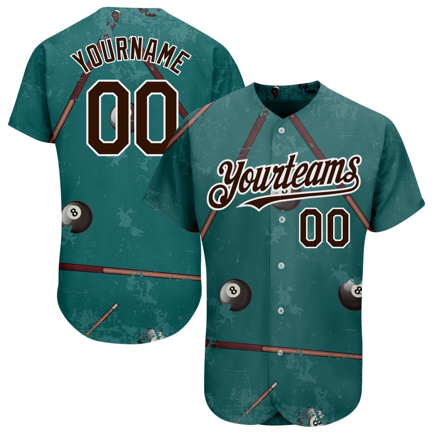 Custom Midnight Green Brown-White 3D Pattern Design Billiards Snooker 8 Ball Authentic Baseball Jersey - Sky-Custom