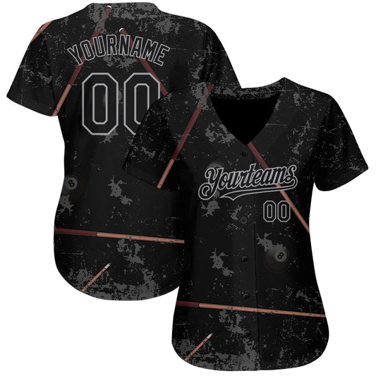 Custom Black Gray 3D Pattern Design Billiards Snooker 8 Ball Authentic Baseball Jersey - Sky-Custom