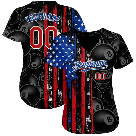 Custom Black Red-Royal 3D Pattern Design Billiards Snooker 8 Ball American Flag Authentic Baseball Jersey - Sky-Custom