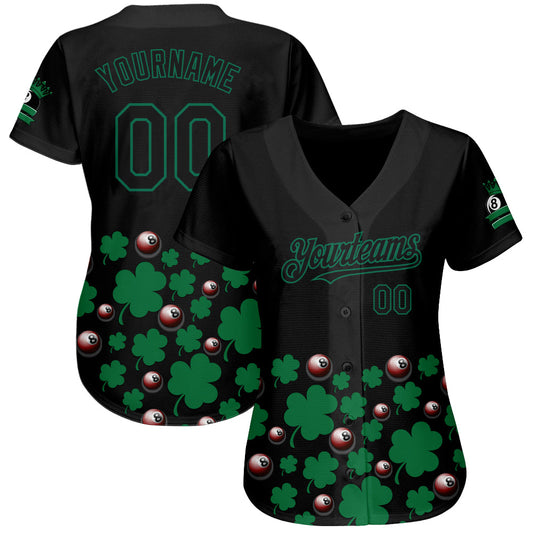 Custom Black Green 3D Pattern Design Clovers And Billiards Balls St. Patrick's Day Authentic Baseball Jersey - Sky-Custom