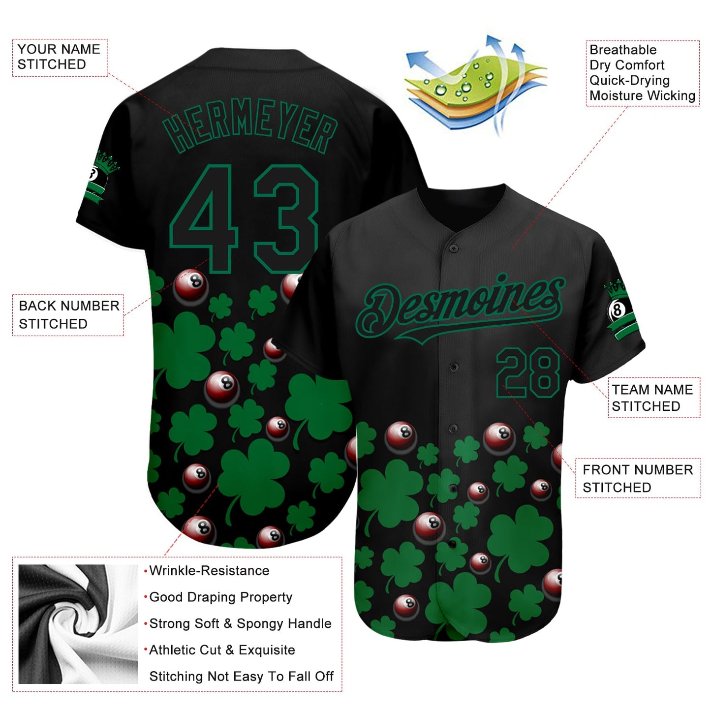 Custom Black Green 3D Pattern Design Clovers And Billiards Balls St. Patrick's Day Authentic Baseball Jersey - Sky-Custom