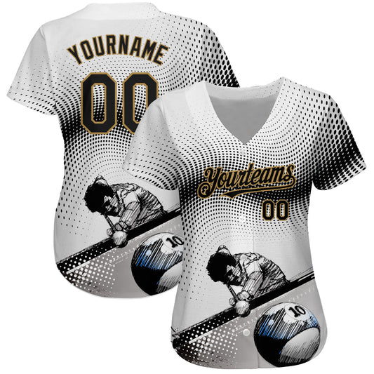 Custom White Black-Old Gold 3D Pattern Design Billiards Authentic Baseball Jersey - Sky-Custom