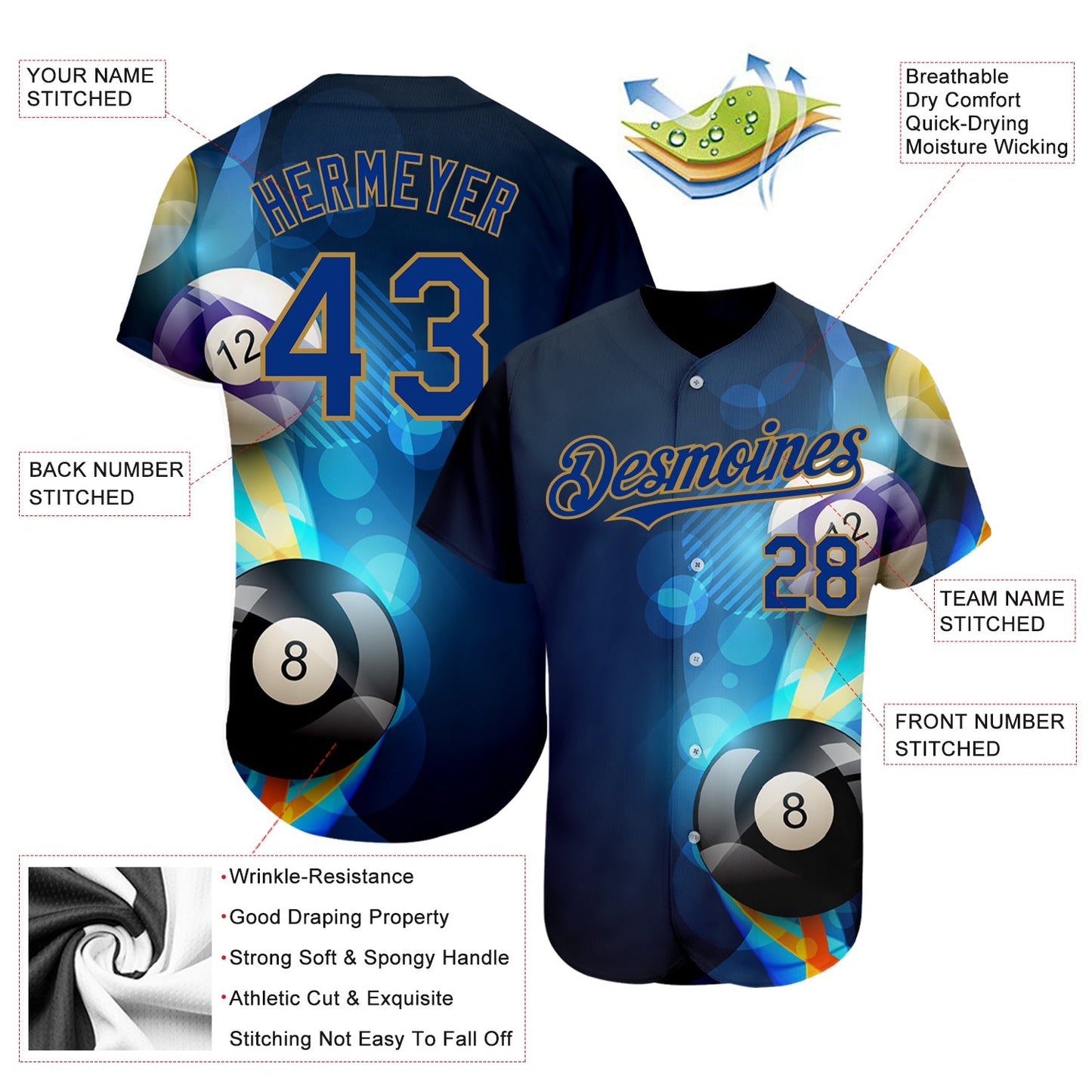 Custom Black Royal-Old Gold 3D Pattern Design Billiards Authentic Baseball Jersey - Sky-Custom