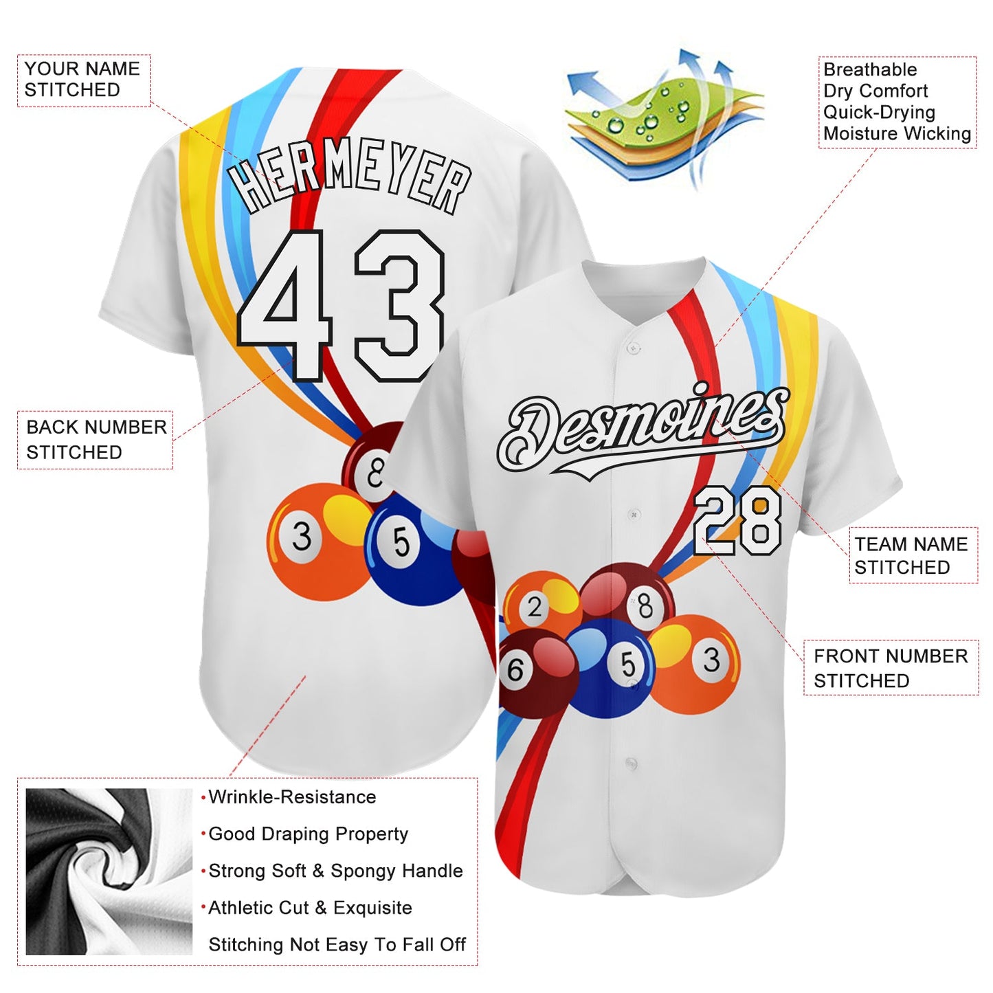 Custom White Black 3D Pattern Design Billiards Authentic Baseball Jersey - Sky-Custom