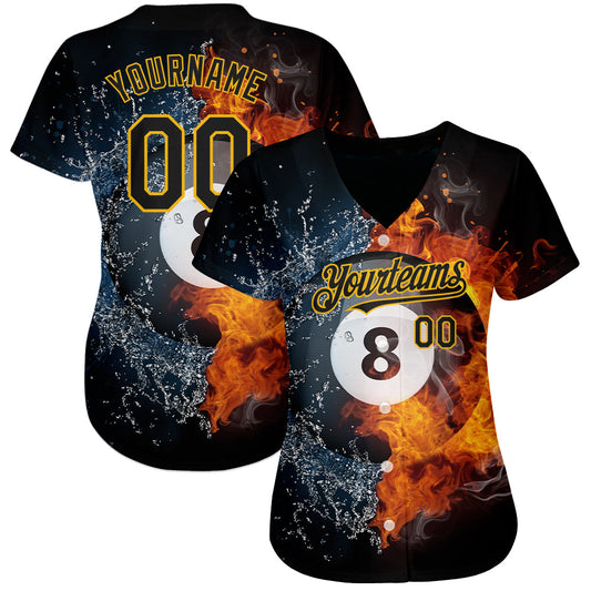 Custom Black Gold 3D Pattern Design Billiards Snooker 8 Ball Authentic Baseball Jersey - Sky-Custom