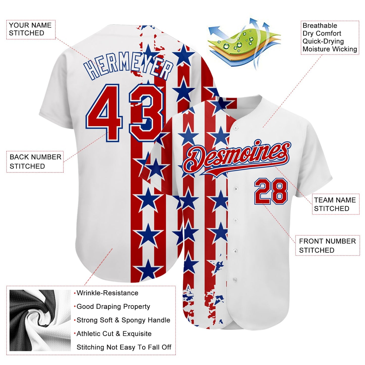 Custom White Red-Royal 3D American Flag Authentic Baseball Jersey - Sky-Custom