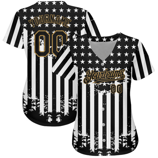 Custom Black Old Gold-White 3D American Flag Authentic Baseball Jersey - Sky-Custom