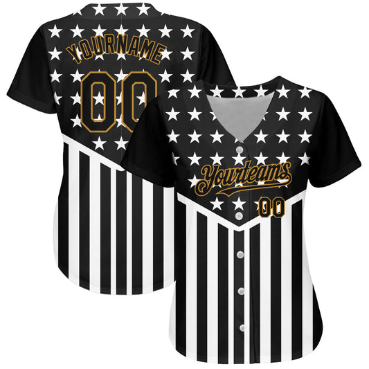 Custom Black Old Gold-White 3D American Flag Authentic Baseball Jersey - Sky-Custom