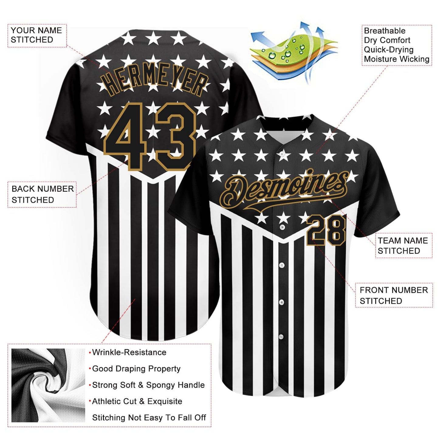 Custom Black Old Gold-White 3D American Flag Authentic Baseball Jersey - Sky-Custom