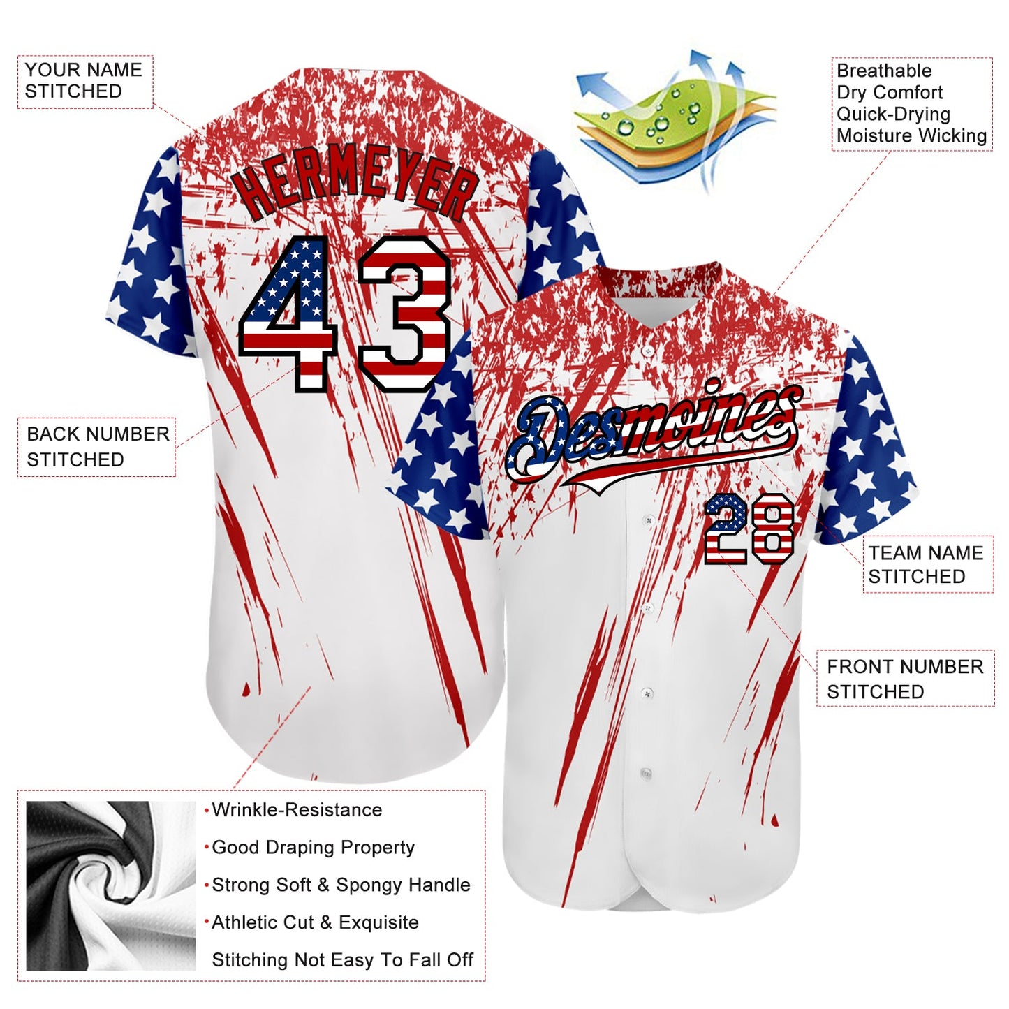 Custom White USA Flag Royal Red-Black 3D Authentic Baseball Jersey - Sky-Custom