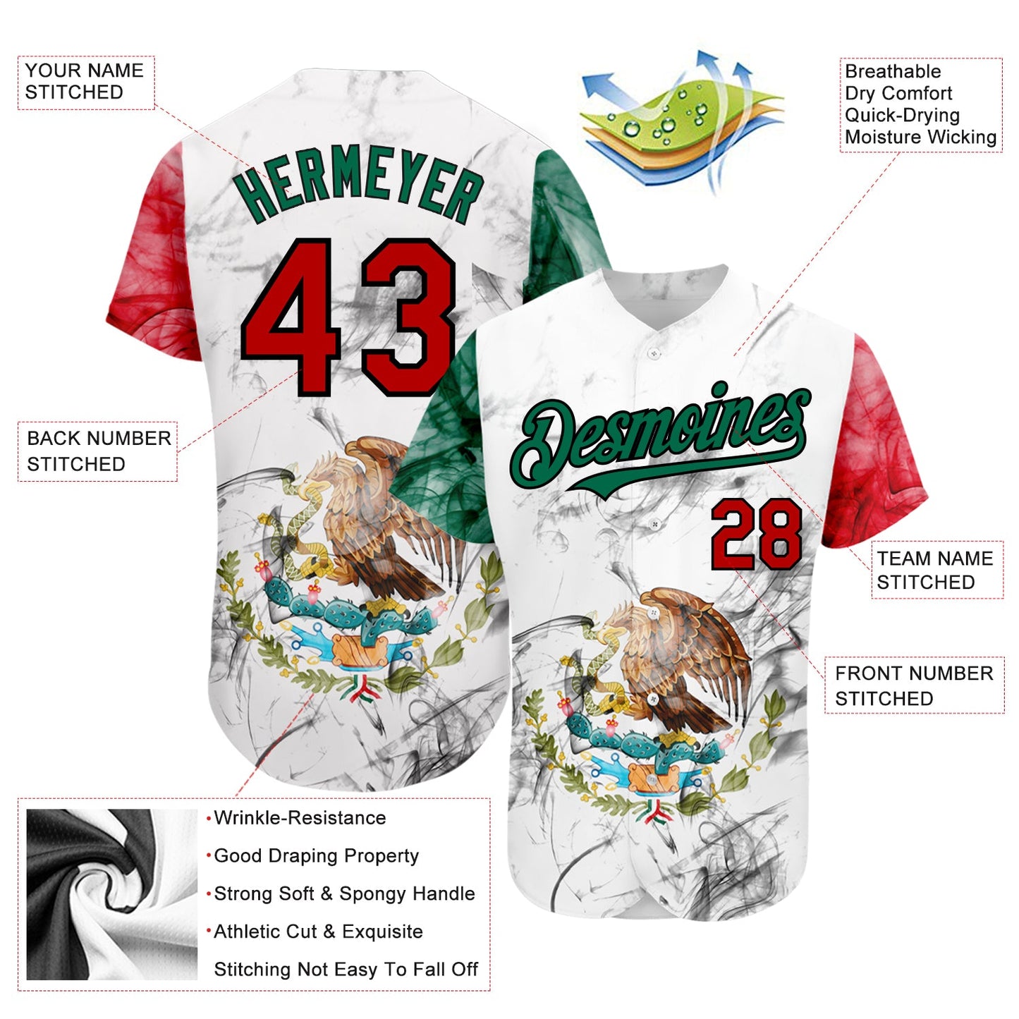 Custom White Red Kelly Green-Black 3D Mexican Flag Authentic Baseball Jersey - Sky-Custom