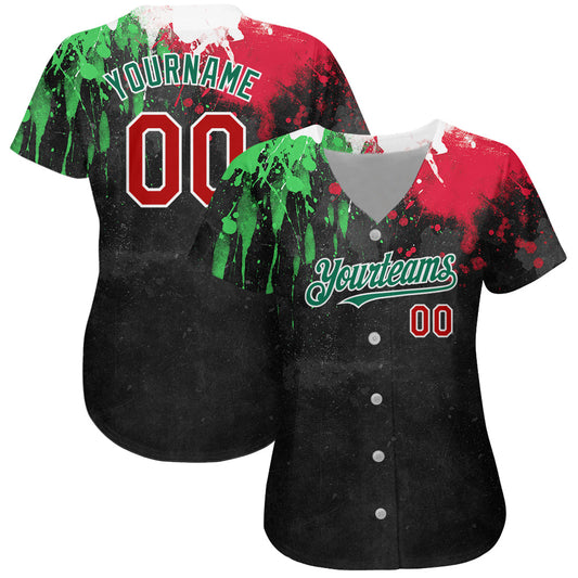 Custom Black Red Kelly Green 3D Mexican Flag Watercolored Splashes Grunge Design Authentic Baseball Jersey - Sky-Custom