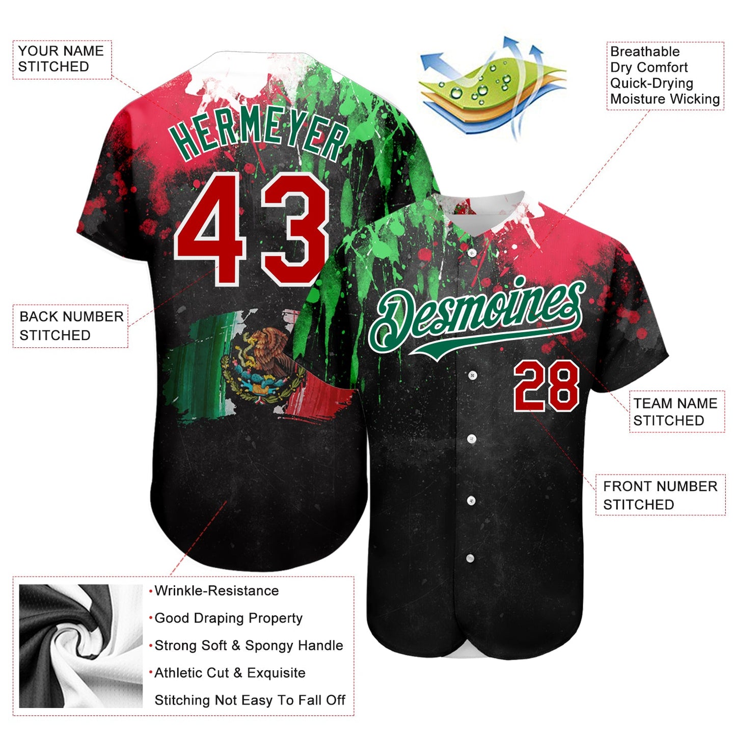Custom Black Red Kelly Green 3D Mexican Flag Watercolored Splashes Grunge Design Authentic Baseball Jersey - Sky-Custom