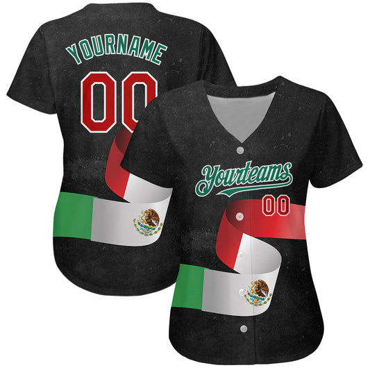 Custom Black Red Kelly Green 3D Mexican Flag Authentic Baseball Jersey - Sky-Custom