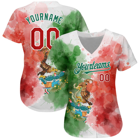 Custom Kelly Green Red-White 3D Mexican Flag Watercolored Splashes Grunge Design Authentic Baseball Jersey - Sky-Custom