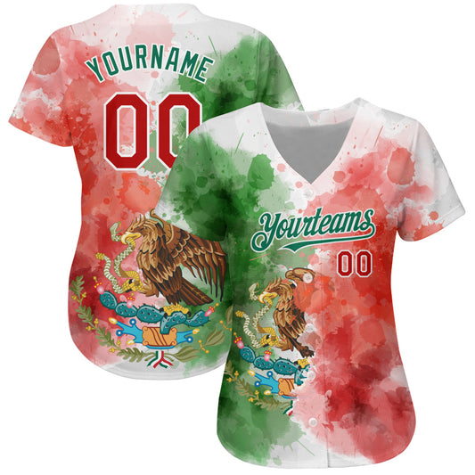 Custom Kelly Green Red-White 3D Mexican Flag Watercolored Splashes Grunge Design Authentic Baseball Jersey - Sky-Custom
