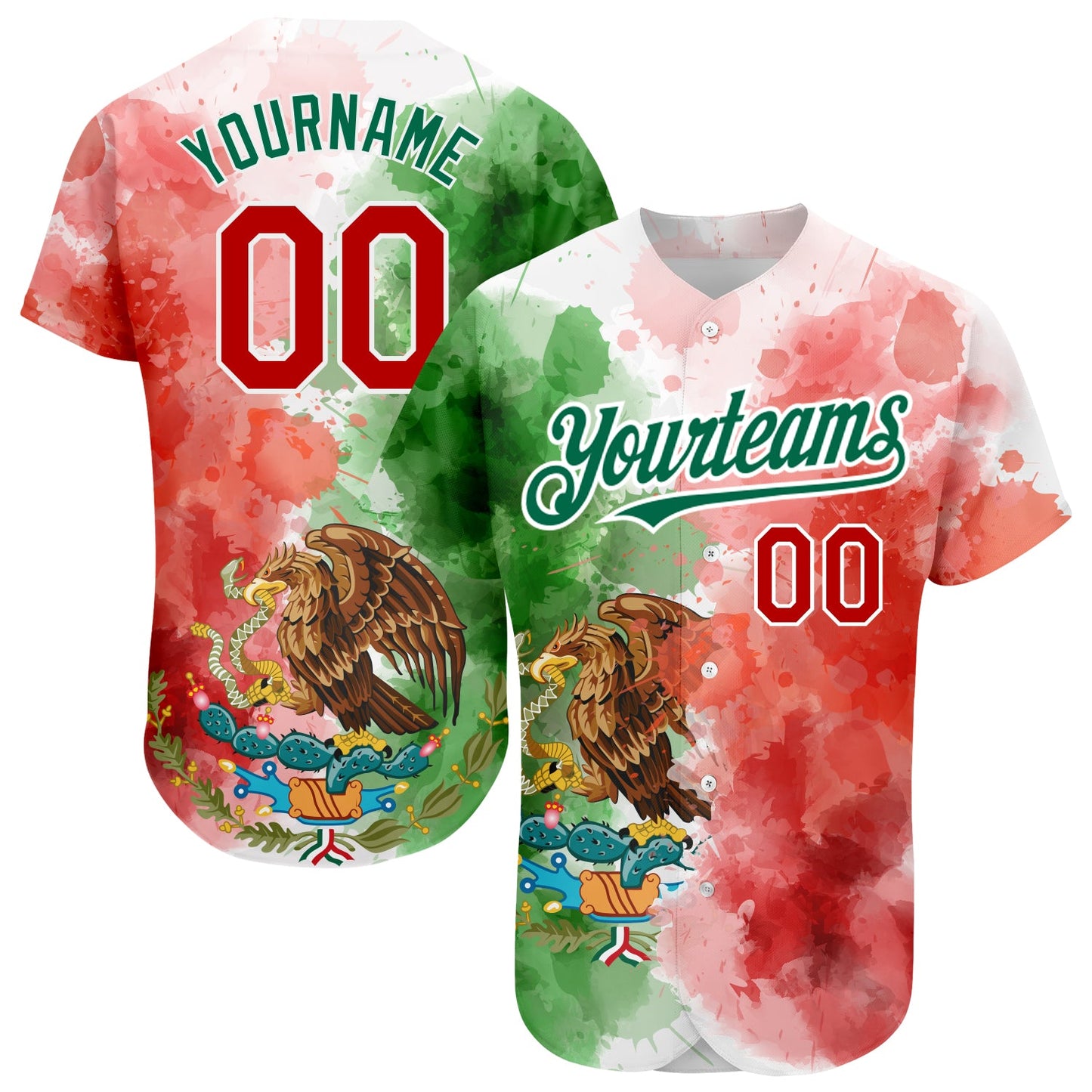 Custom Kelly Green Red-White 3D Mexican Flag Watercolored Splashes Grunge Design Authentic Baseball Jersey - Sky-Custom