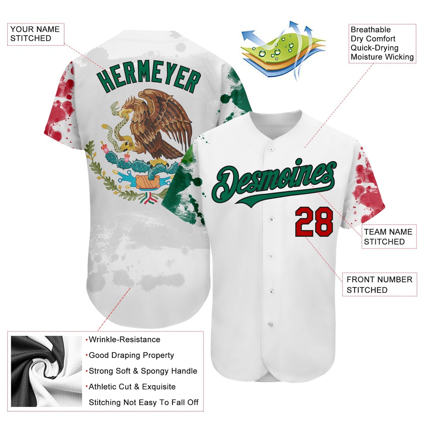 Custom White Red Kelly Green-Black 3D Mexican Flag Grunge Design Authentic Baseball Jersey - Sky-Custom