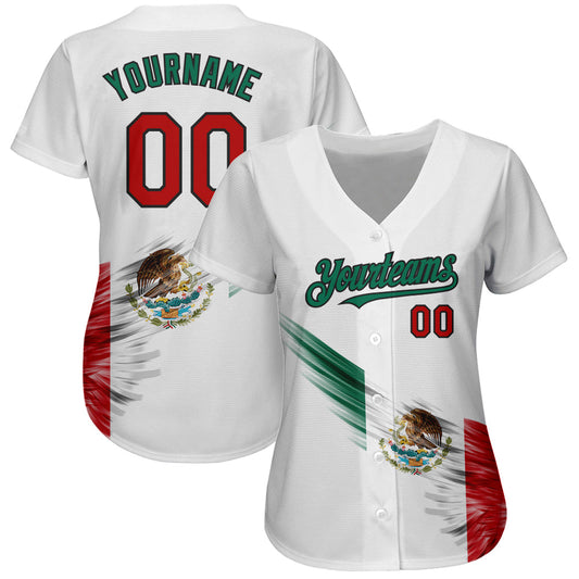 Custom White Red Kelly Green-Black 3D The Abstract Wing With Mexican Flag Authentic Baseball Jersey - Sky-Custom