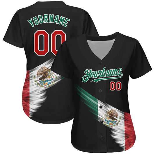 Custom Black Red-Kelly Green 3D The Abstract Wing With Mexican Flag Authentic Baseball Jersey - Sky-Custom