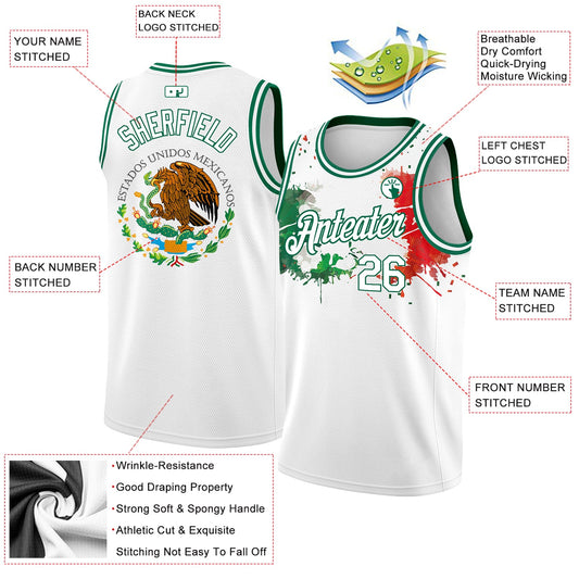 Custom White Kelly Green-Red 3D Mexican Flag Splashes Authentic Basketball Jersey - Sky-Custom
