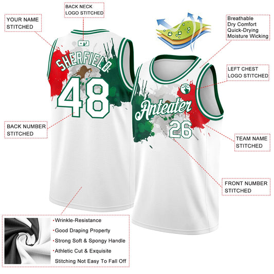 Custom White Kelly Green-Red 3D Mexico Splashes Authentic Basketball Jersey - Sky-Custom