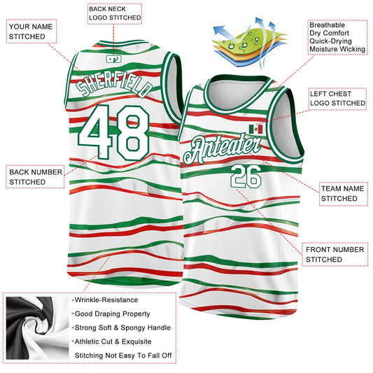 Custom White Kelly Green-Red 3D Mexican Flag Authentic Basketball Jersey - Sky-Custom