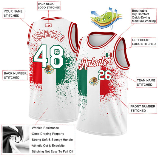 Custom White Kelly Green-Red 3D Mexican Flag Authentic Basketball Jersey - Sky-Custom
