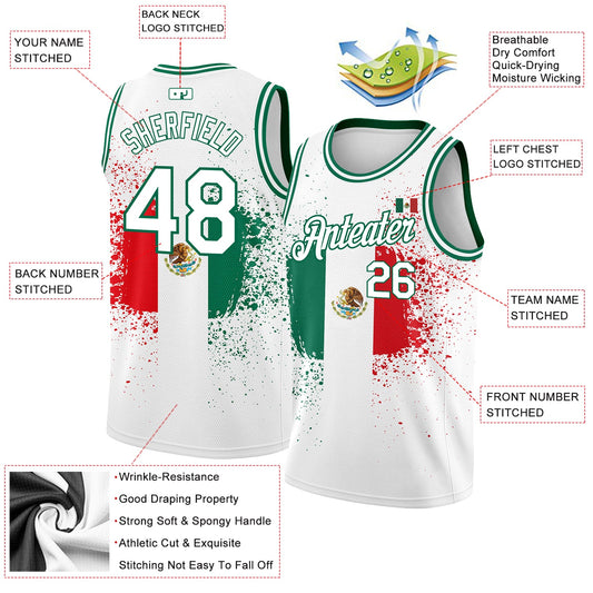 Custom White Kelly Green-Red 3D Mexican Flag Authentic Basketball Jersey - Sky-Custom