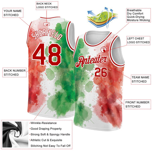 Custom Kelly Green Red-White 3D Mexico Watercolored Splashes Grunge Design Authentic Basketball Jersey - Sky-Custom