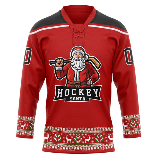 Custom Red Black-White Christmas Santa Claus 3D Hockey Lace Neck Jersey - Sky-Custom