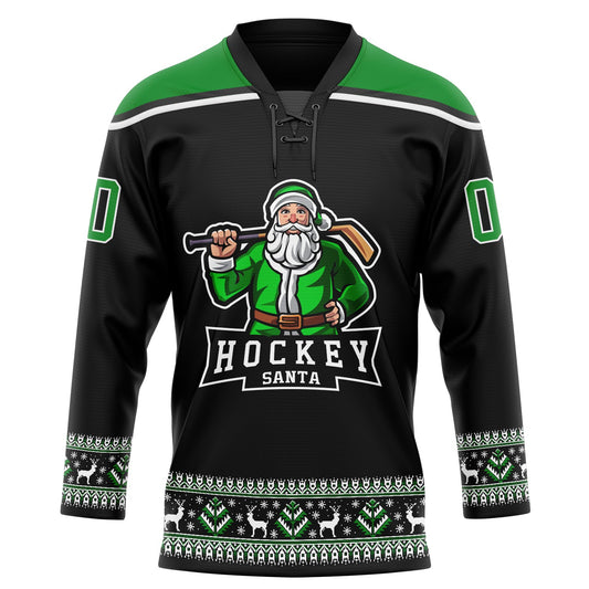 Custom Black Grass Green-White Christmas Santa Claus 3D Hockey Lace Neck Jersey - Sky-Custom