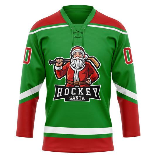 Custom Grass Green Red-White Christmas Santa Claus 3D Hockey Lace Neck Jersey - Sky-Custom