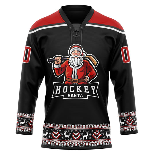 Custom Black Red-White Christmas Santa Claus 3D Hockey Lace Neck Jersey - Sky-Custom