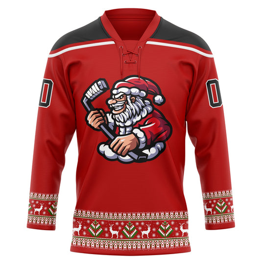 Custom Red Black-White Christmas Santa Claus 3D Hockey Lace Neck Jersey - Sky-Custom