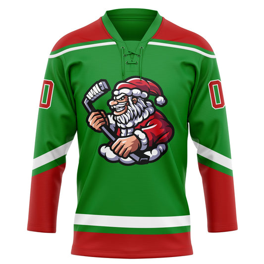 Custom Grass Green Red-White Christmas Santa Claus 3D Hockey Lace Neck Jersey - Sky-Custom